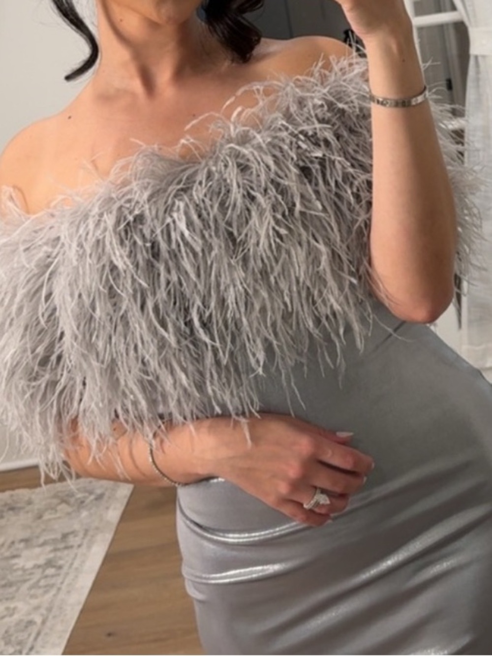 Silver Off-Shoulder Long Feather Dress